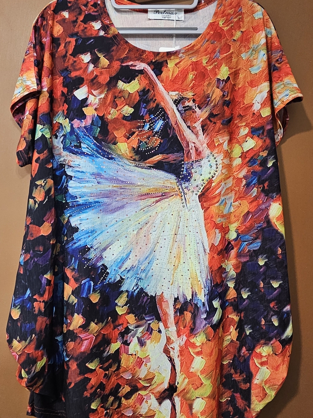 Portmans Multicolor Ballerina Print Scoop Neck Tunic — Orange, Blue & Purple